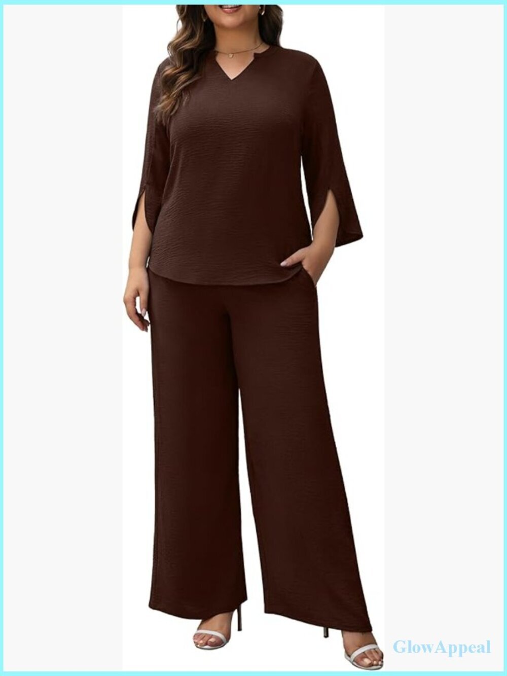 Plus Size 2 Piece Pants Set Wide Leg 3/4 Sleeve Blouse Dressy